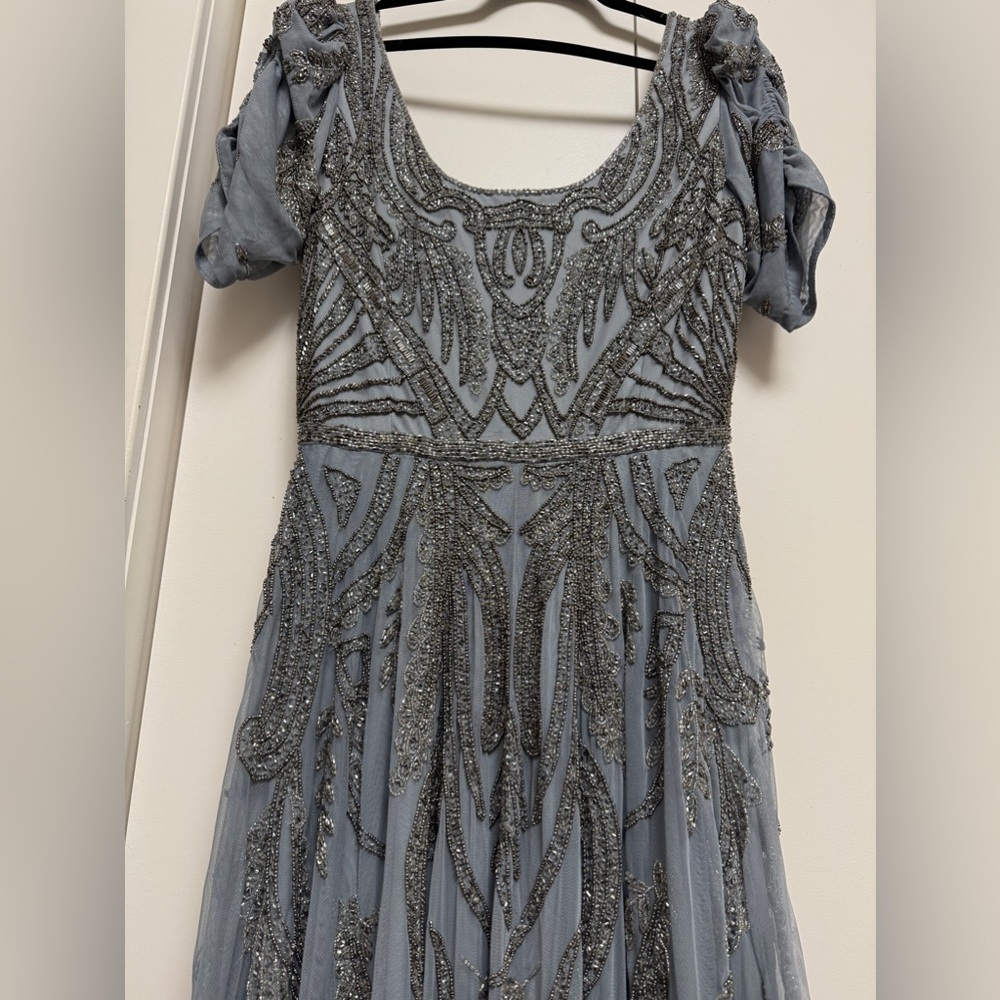NWT |Mac Duggal A5434 Silver Short Sleeve Beaded A-line Tea Length Dress Size 10 - Picture 6 of 16